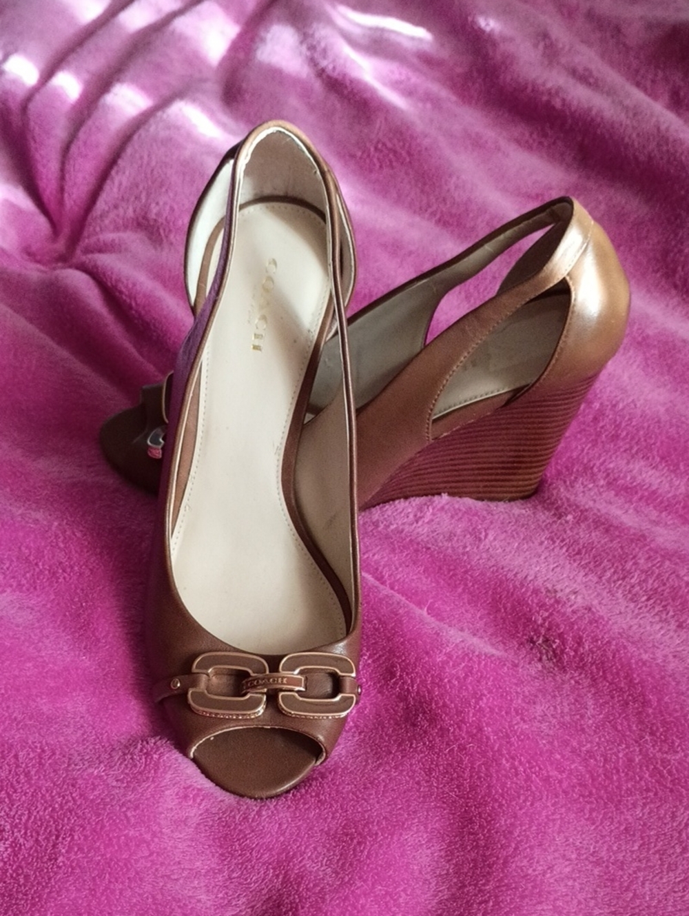 Coach Bronze Brown Peep-Toe Wedge Slingbacks